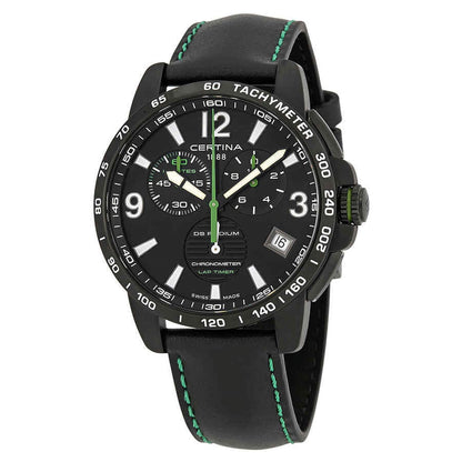 Certina C034.453.36.057.02 Precidrive chronometer watch with black dial, chronograph subdials, tachymeter scale, stainless steel case and black leather strap with green stitching.