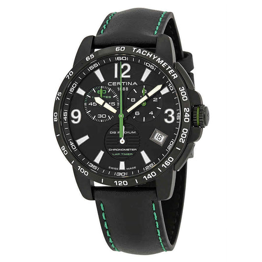 Certina C034.453.36.057.02 Precidrive chronometer watch with black dial, chronograph subdials, tachymeter scale, stainless steel case and black leather strap with green stitching.