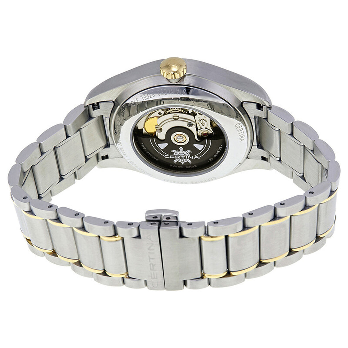 Exhibition caseback of the Certina DS-1 automatic watch displaying the mechanical movement and branded rotor with turtle logo.