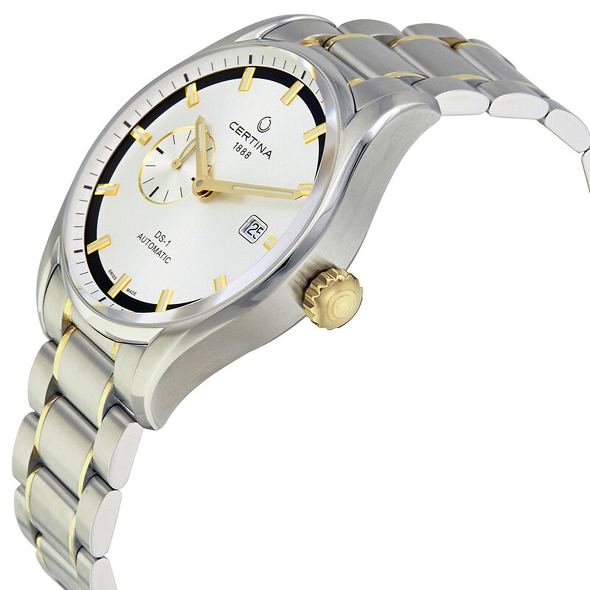 Profile angle of the Certina DS-1 automatic watch focusing on the polished steel case and gold-tone signed crown.
