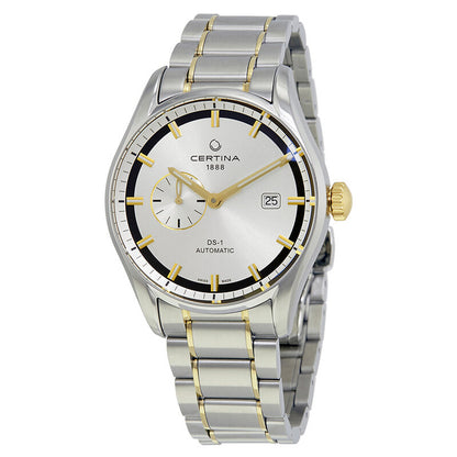 Studio product shot of the Certina DS-1 automatic watch with silver dial and two-tone stainless steel bracelet.