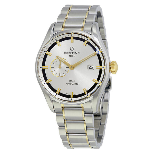 Studio product shot of the Certina DS-1 automatic watch with silver dial and two-tone stainless steel bracelet.