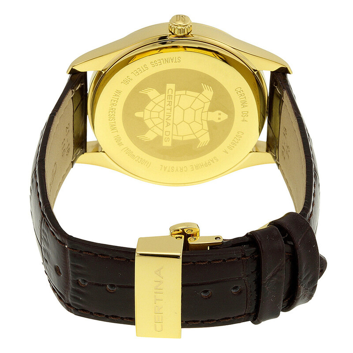Certina DS-4 C022.610.36.081.00 caseback showcasing the turtle logo and stainless steel construction with a deployant clasp on the brown leather strap