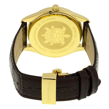 Certina DS-4 C022.610.36.081.00 caseback showcasing the turtle logo and stainless steel construction with a deployant clasp on the brown leather strap
