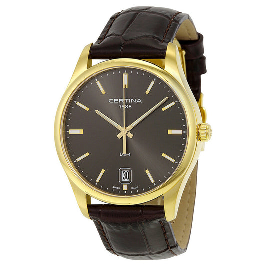 Certina DS-4 C022.610.36.081.00 men's dress watch featuring a gray dial, gold-tone hour markers, date window at six o'clock, and brown alligator-embossed leather strap
