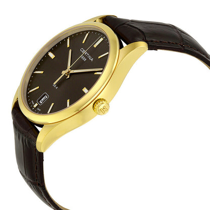Certina DS-4 C022.610.36.081.00 side profile showing the gold-tone crown engraved with the DS logo, polished bezel, and brown leather strap