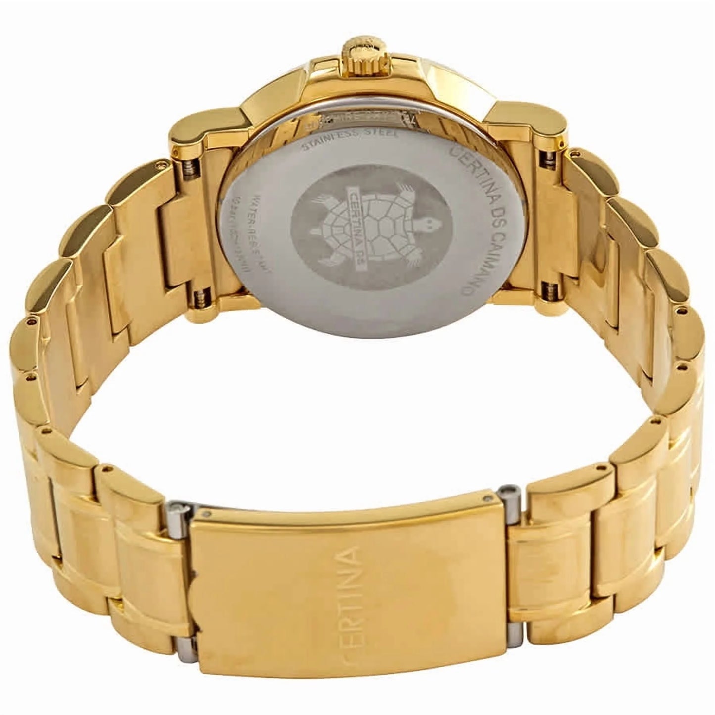 Tapa trasera de acero inoxidable con el logotipo de la tortuga y vista del brazalete con cierre desplegable del reloj Certina DS Caimano C017.410.33.032.00 chapado en oro.