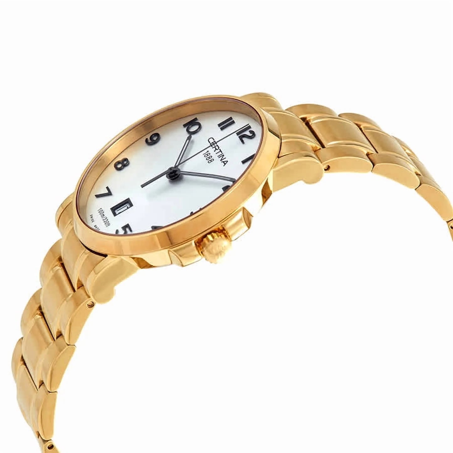 Vista lateral derecha del reloj Certina DS Caimano C017.410.33.032.00, mostrando el perfil de la caja chapada en oro, la corona y el diseño de los eslabones del brazalete.