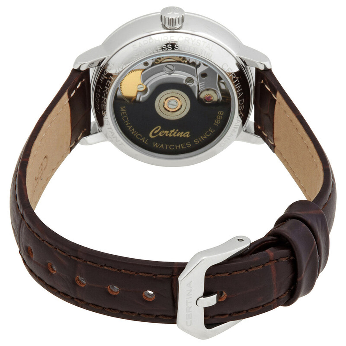 Certina DS Caimano women's automatic watch showing the exhibition caseback, mechanical movement, and brown leather strap with steel pin buckle