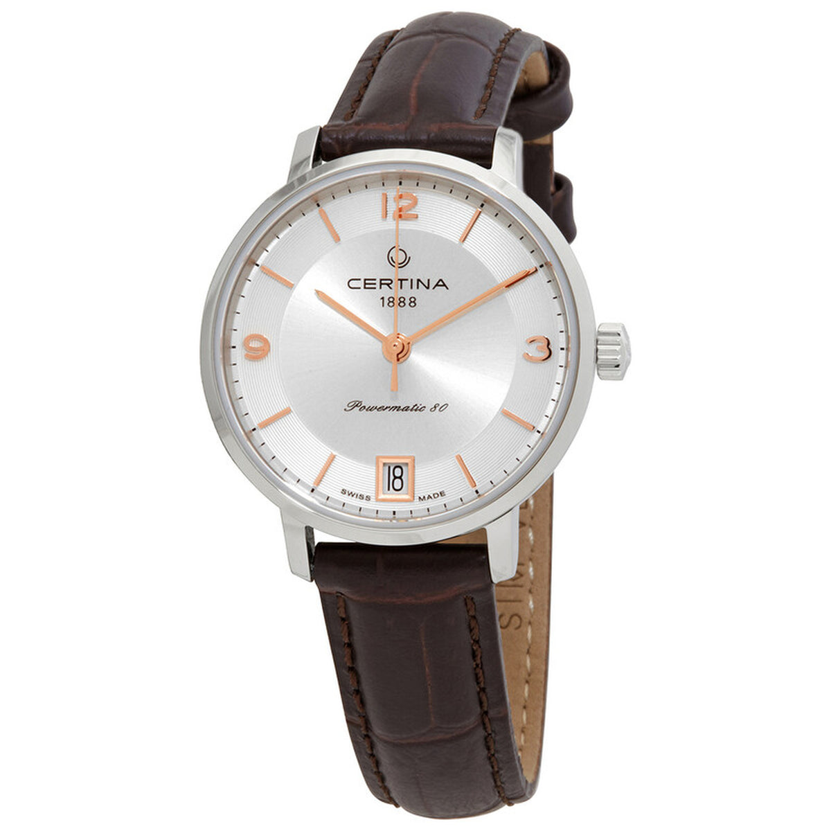 Certina DS Caimano women's automatic watch featuring a silver sunburst dial, rose gold-tone Arabic numerals, date window at six o'clock, and brown embossed leather strap