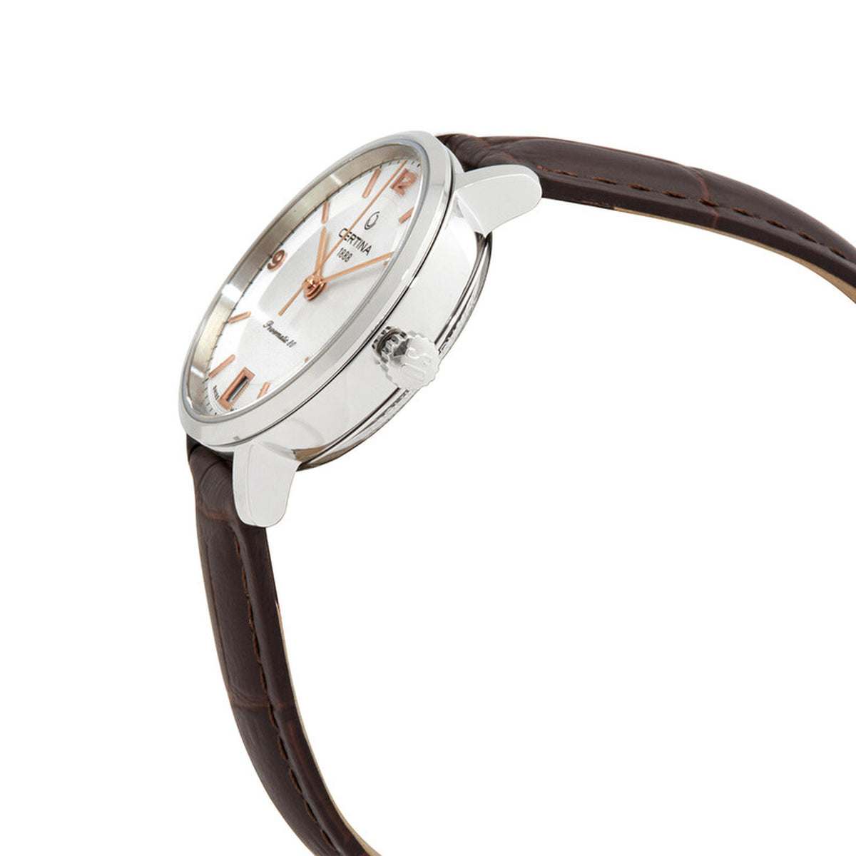 Certina DS Caimano women's automatic watch profile view highlighting the polished stainless steel case and fluted crown