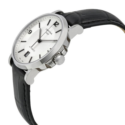 Vista lateral del Certina DS Caimano Lady Powermatic 80 C035.207.16.037.00 con caja de acero inoxidable, corona firmada y correa de piel negra.