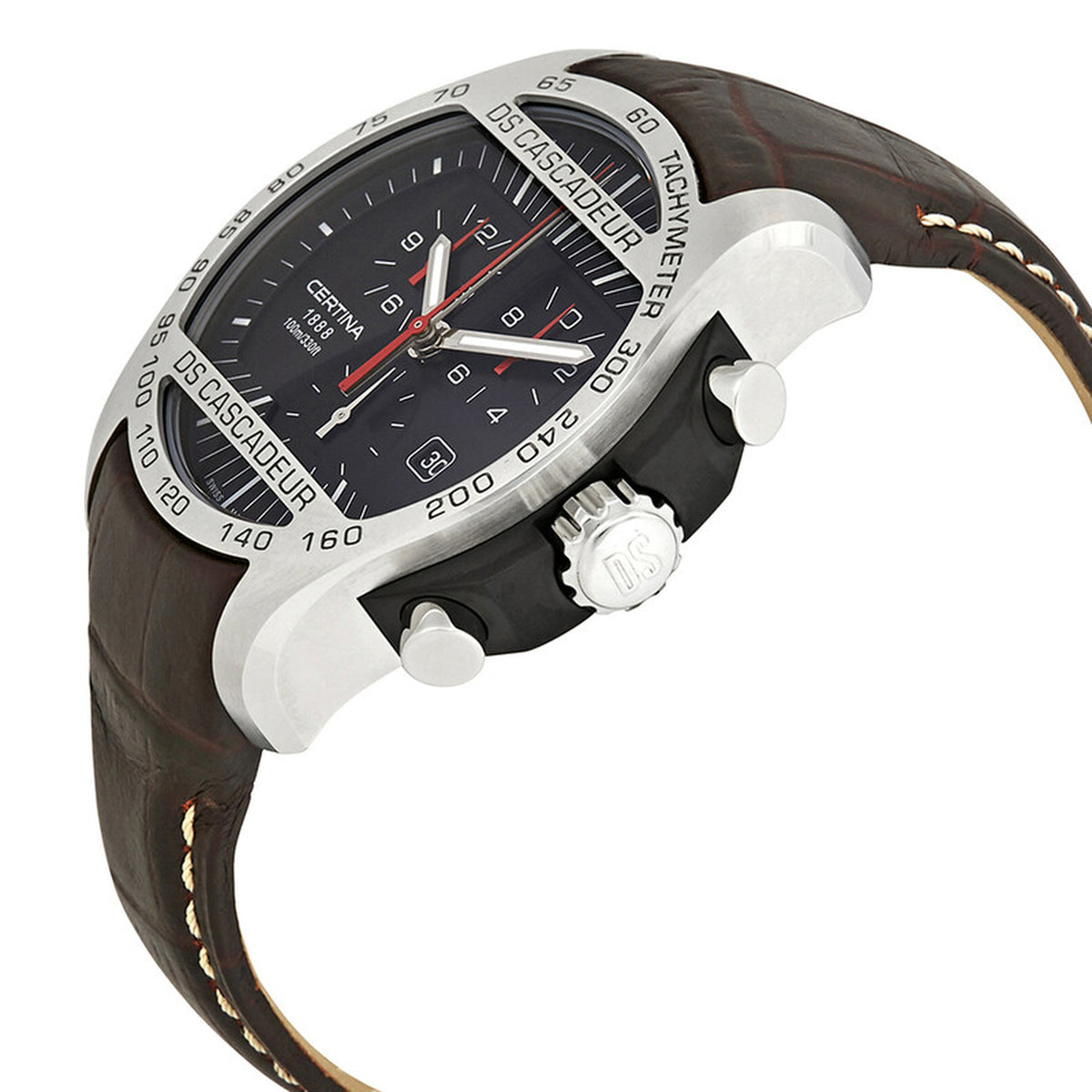 Certina DS Cascadeur chronograph watch angled profile showcasing the stainless steel bezel, black dial, and brown leather strap.
