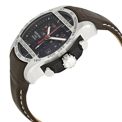Certina DS Cascadeur chronograph watch angled profile showcasing the stainless steel bezel, black dial, and brown leather strap.