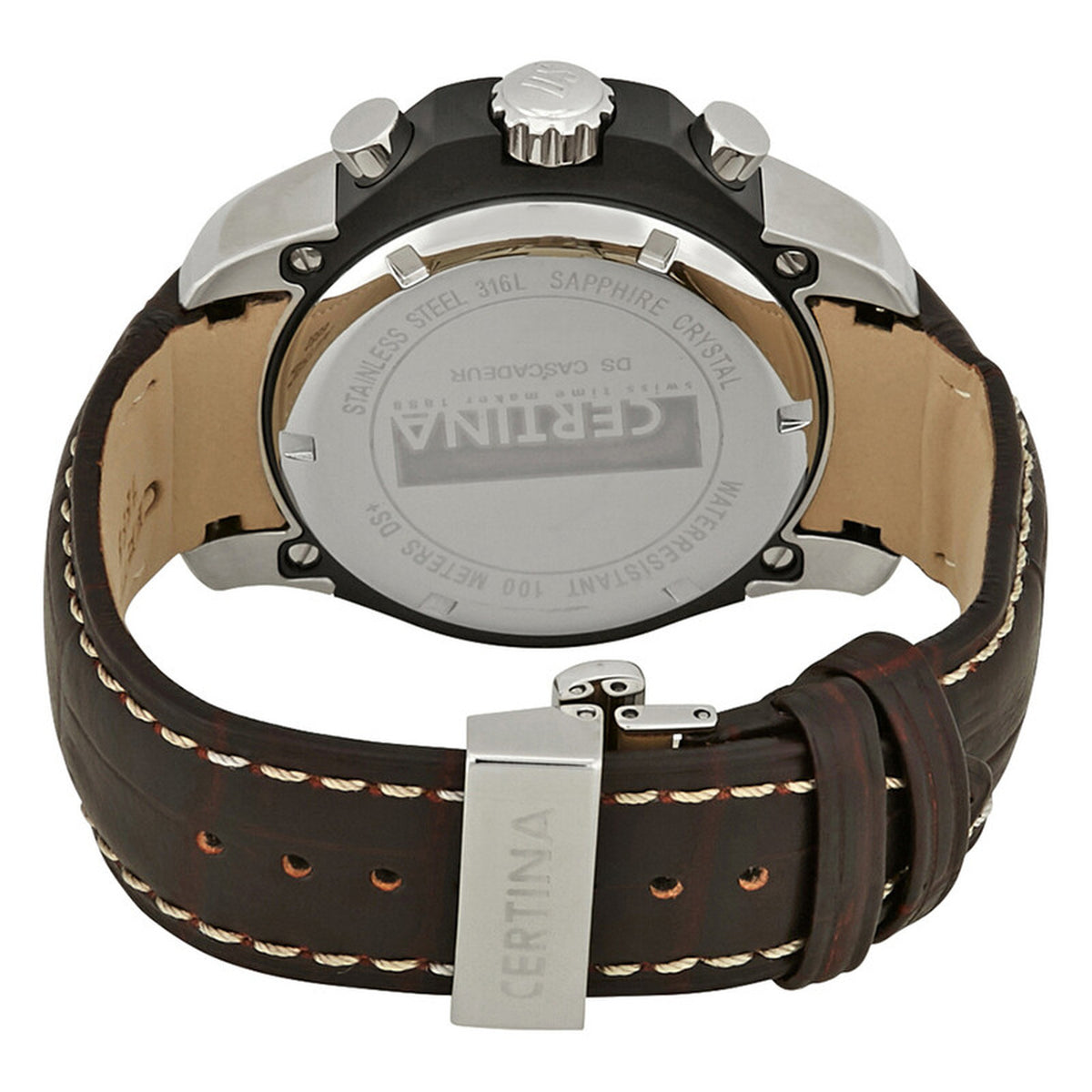 Certina DS Cascadeur men's chronograph watch caseback featuring stainless steel construction and a brown leather strap with deployment clasp.