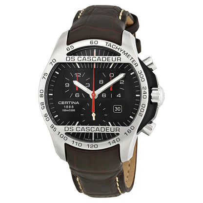 Certina DS Cascadeur men's watch front view with a black dial, tachymeter scale, chronograph sub-dials, date window, and brown leather strap.