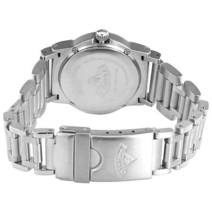 Parte trasera del Certina DS Cascadeur C129.8100.42.59 con fondo de caja de acero inoxidable grabado y brazalete de acero con cierre desplegable firmado.