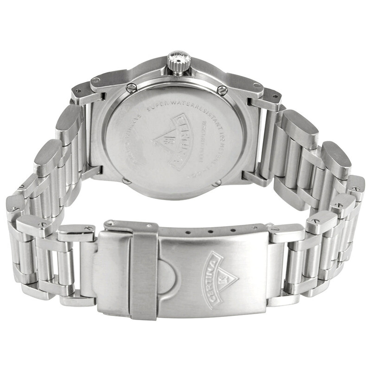 Certina DS Cascadeur women's watch caseback and deployment clasp showcasing the stainless steel link bracelet and engraved details.