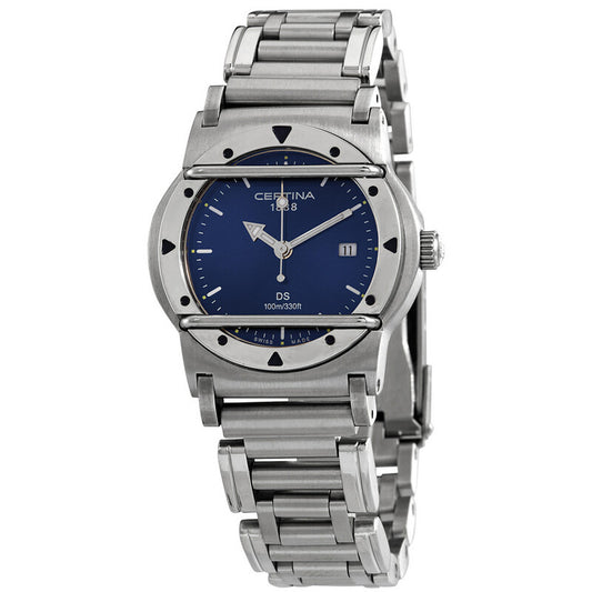 Certina DS Cascadeur women's quartz watch front view with a vibrant blue dial, protective crystal guard bars, date window, and steel bracelet.