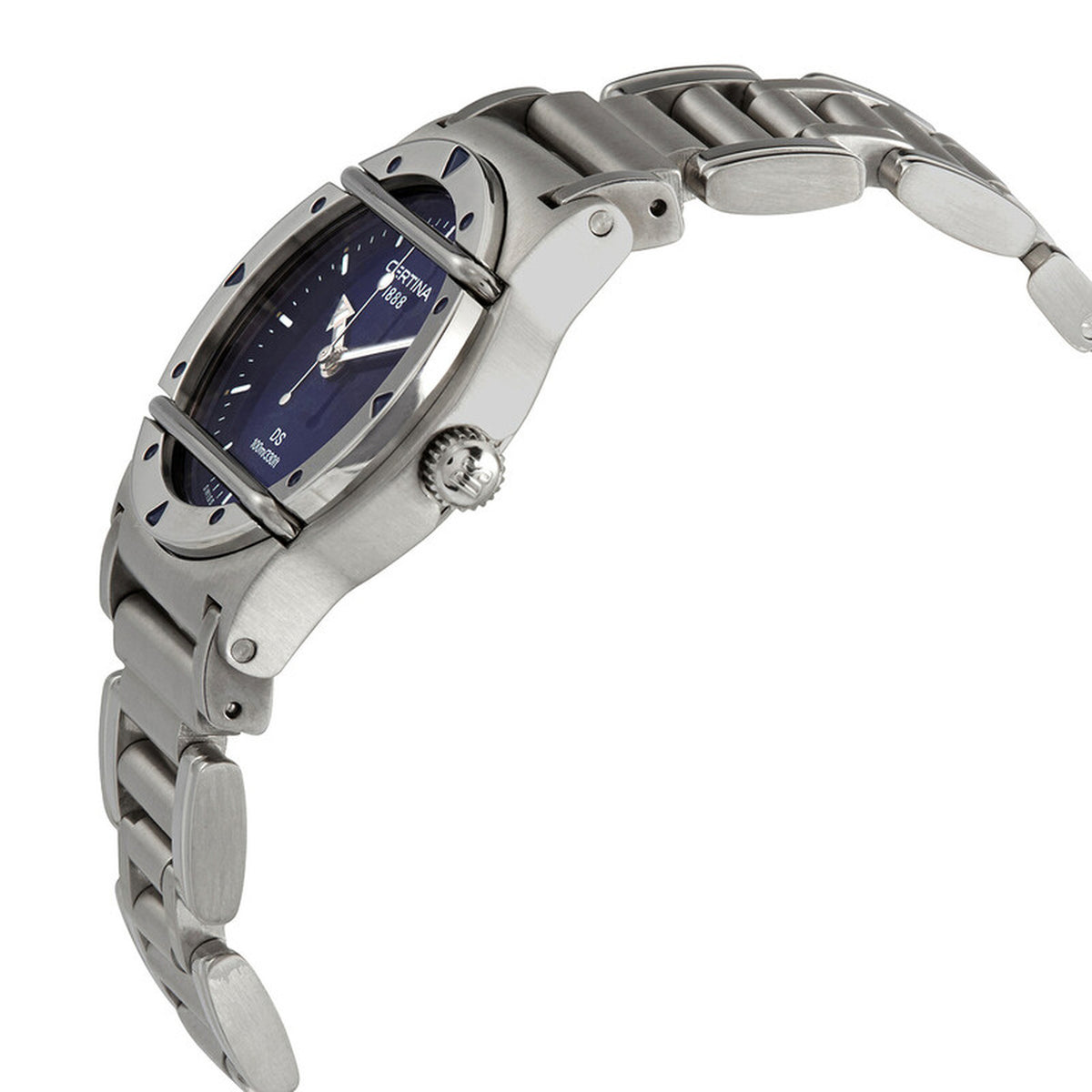 Certina DS Cascadeur women's quartz watch profile view highlighting the protective metal bars across the blue dial and brushed stainless steel case.