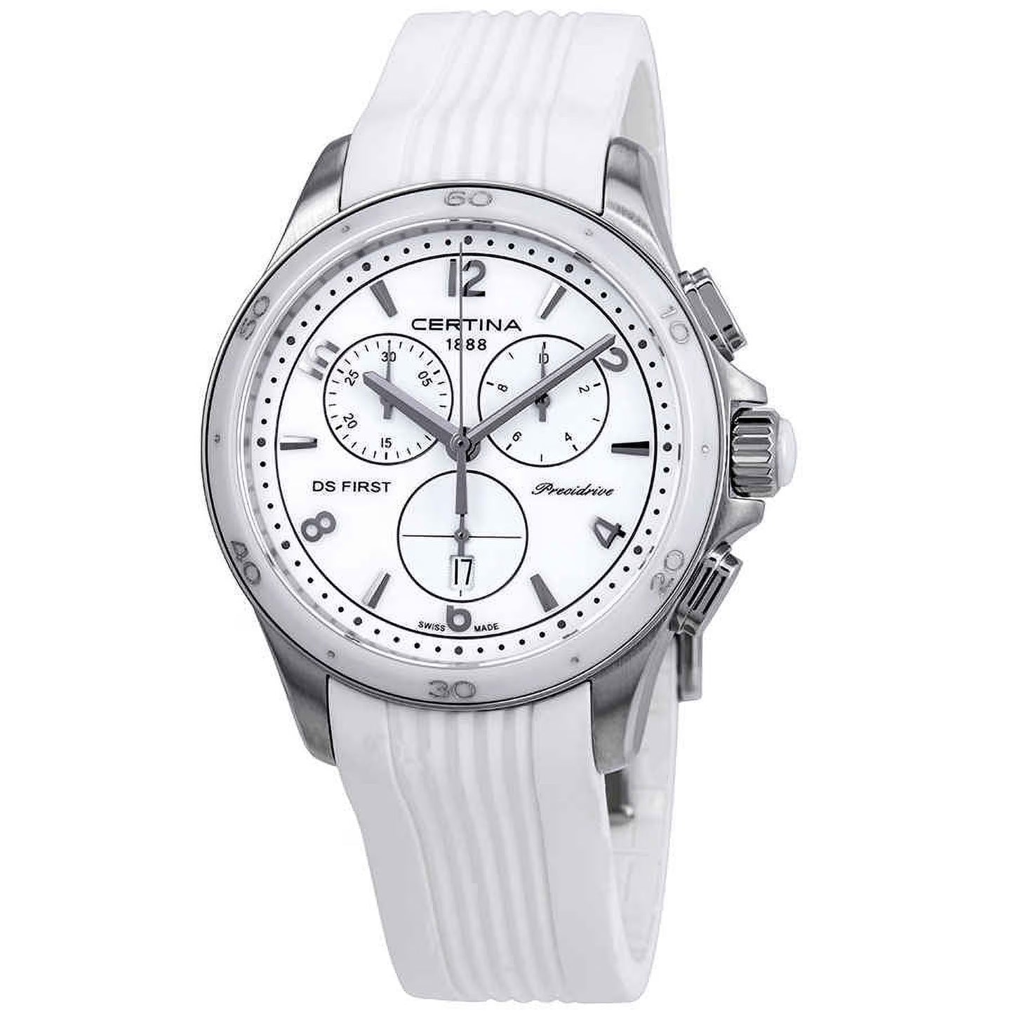 Certina DS First Lady Chronograph C030.217.17.017.00 con esfera blanca, tres subesferas de cronógrafo, fecha a las 6 y correa blanca de caucho.