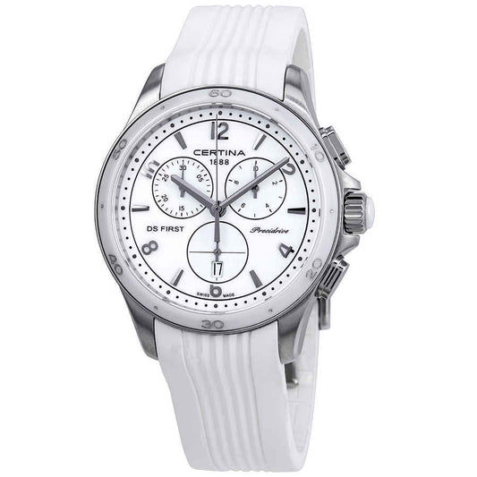 Certina DS First Lady Chronograph C030.217.17.017.00 con esfera blanca, tres subesferas de cronógrafo, fecha a las 6 y correa blanca de caucho.