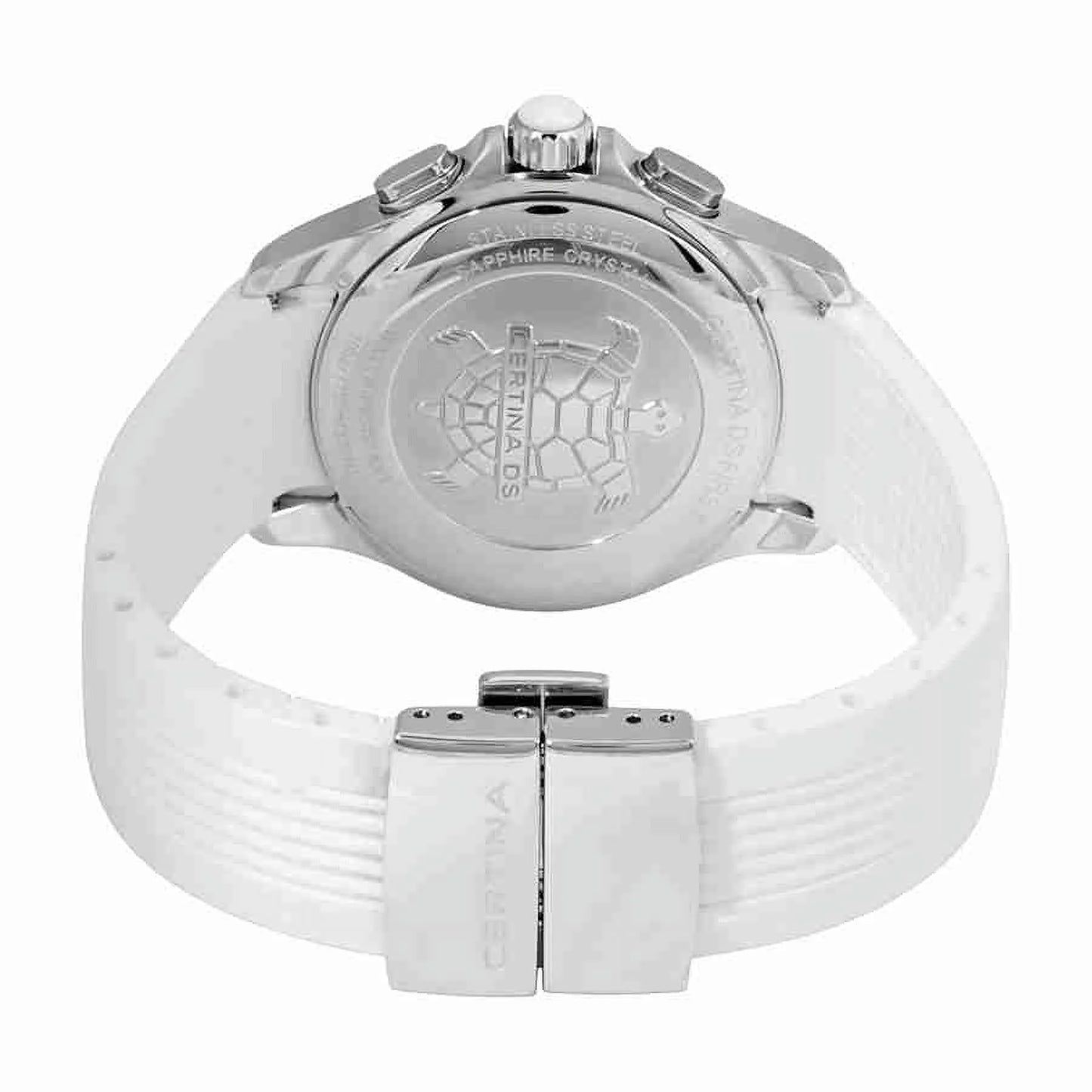 Vista trasera del Certina DS First Lady Chronograph C030.217.17.017.00 con tapa grabada con el emblema de la tortuga, caja de acero y correa blanca de caucho con cierre desplegable.