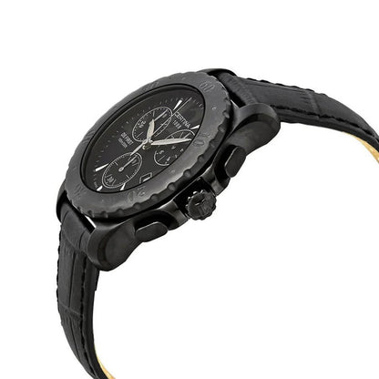 Perfil lateral del Certina DS First Lady Chronograph C538.708.4.46.61 mostrando caja y bisel negros, pulsadores de cronógrafo, corona firmada y correa negra de piel.