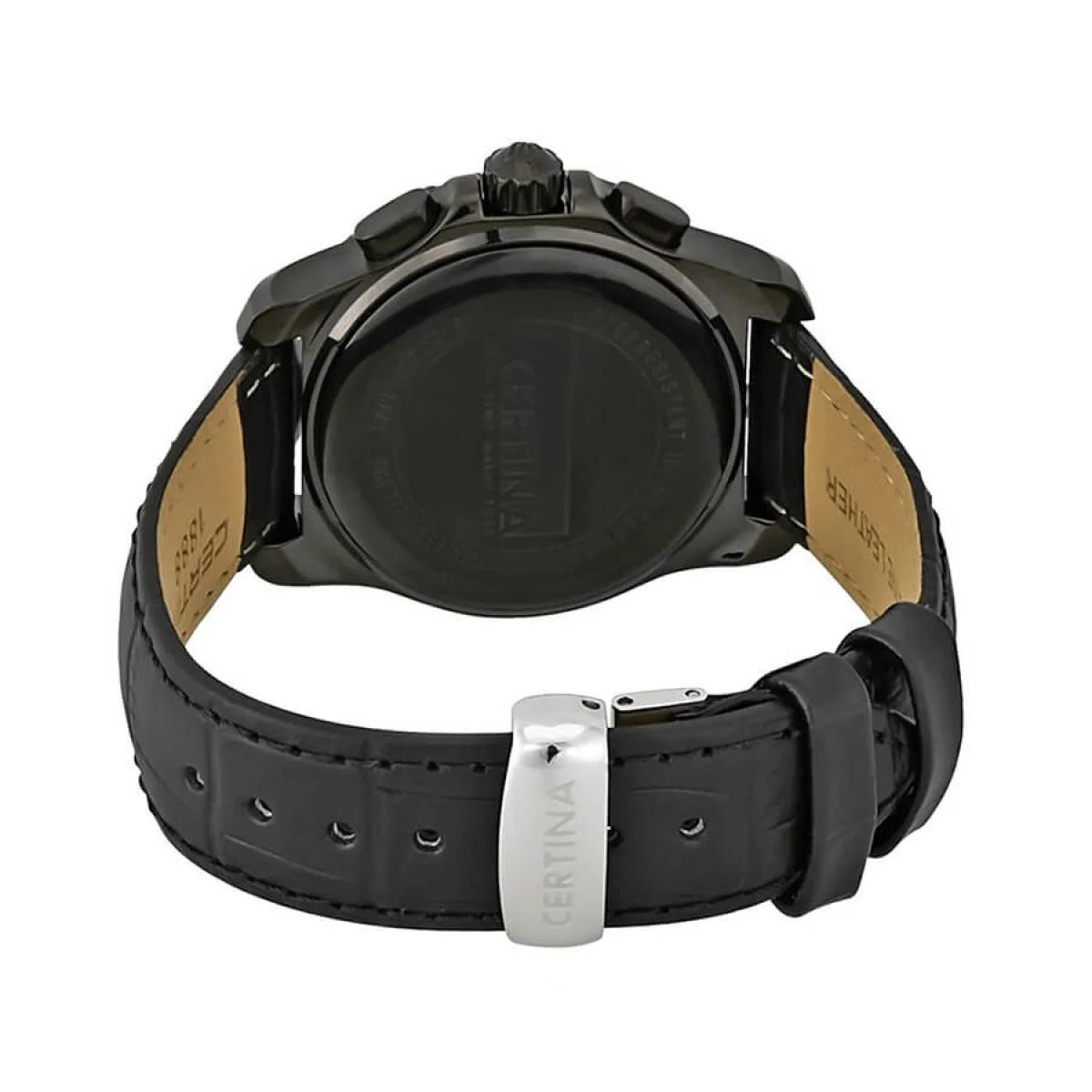 Vista trasera del Certina DS First Lady Chronograph C538.708.4.46.61 con caja negra, tapa grabada y correa negra de piel con cierre firmado.