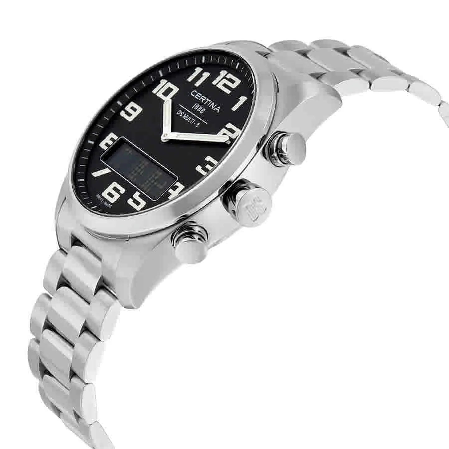 Certina DS Multi-8 C020.419.11.052.01 con caja de acero inoxidable, corona firmada, pulsadores laterales, esfera negra con numerales arábigos y pantalla digital integrada.