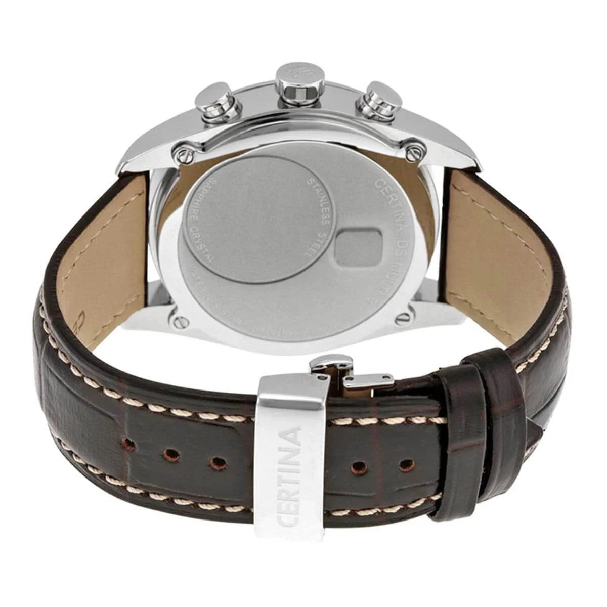 Certina DS Multi-8 C020.419.16.057.00 con fondo de caja de acero inoxidable, correa de piel marrón con pespunte y cierre de hebilla firmado Certina.