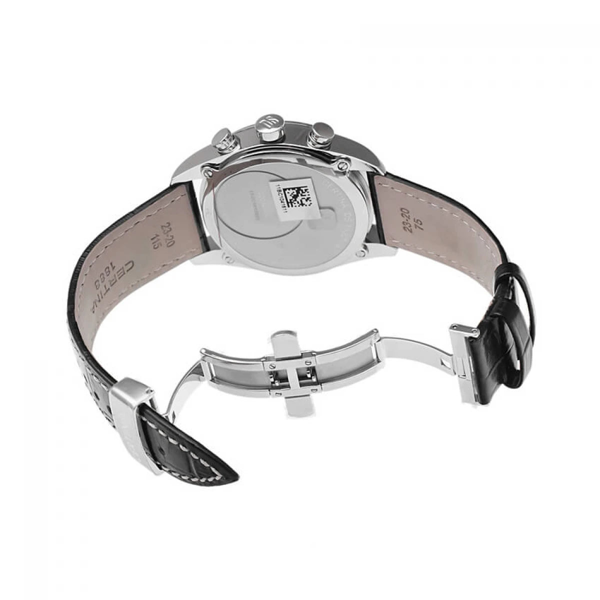 Certina DS Multi-8 C020.419.16.057.00 con fondo de caja de acero con etiqueta identificativa, correa de piel negra y cierre desplegable metálico.