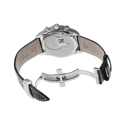 Certina DS Multi-8 C020.419.16.057.00 con fondo de caja de acero con etiqueta identificativa, correa de piel negra y cierre desplegable metálico.