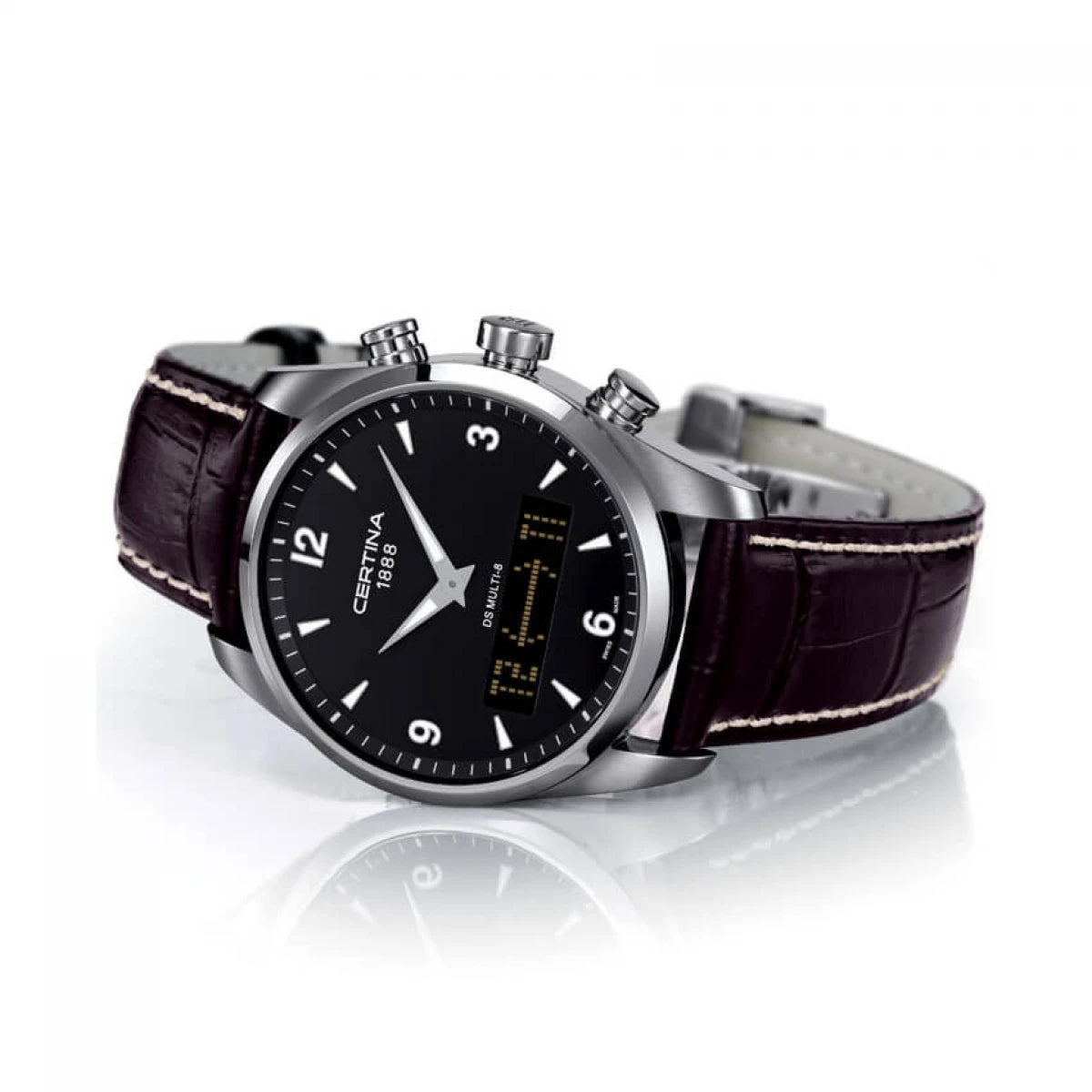 Certina DS Multi-8 C020.419.16.057.00 con caja de acero inoxidable, pulsadores laterales visibles, esfera negra y correa de piel marrón con pespunte.