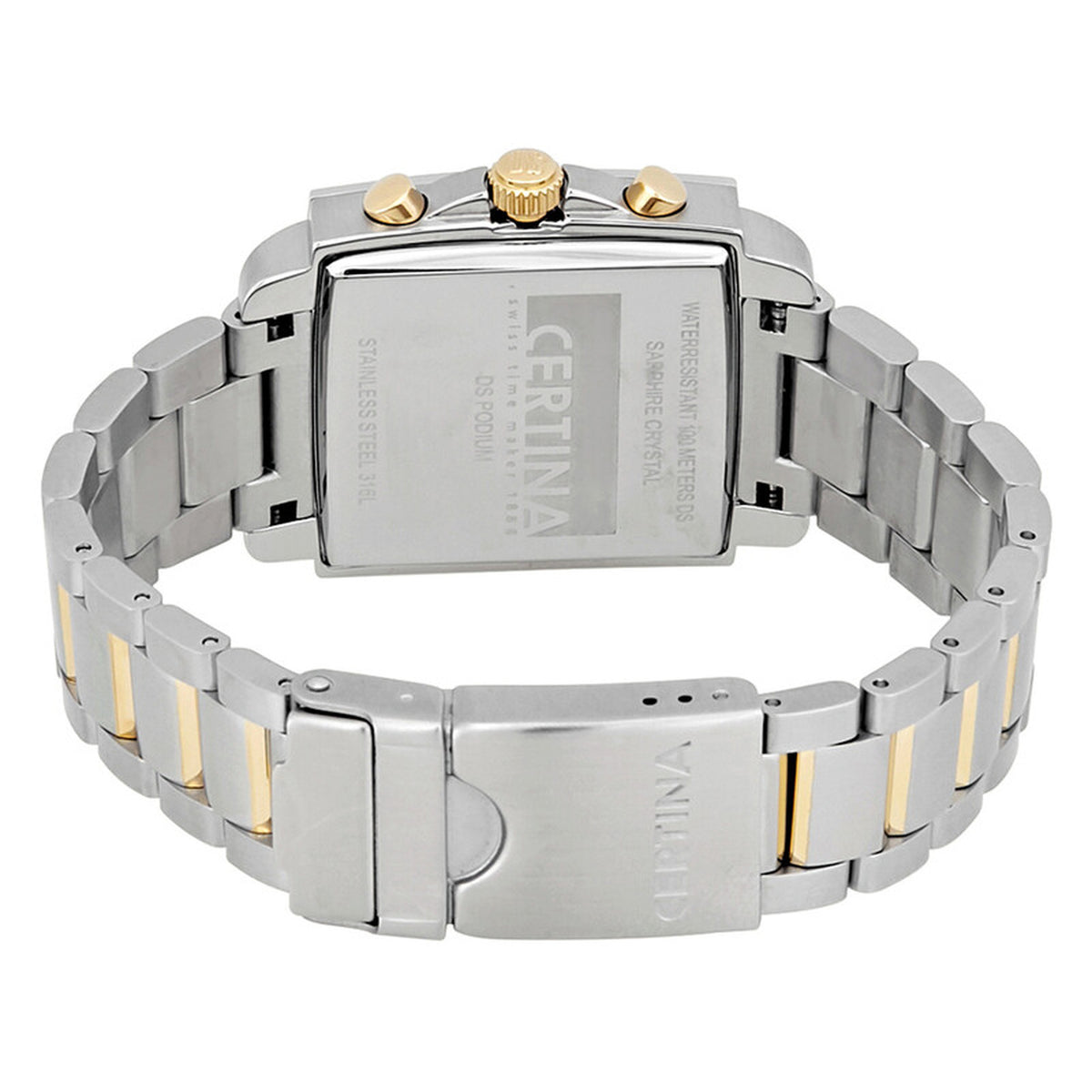 Certina DS Podium chronograph watch showing the engraved stainless steel caseback and deployment clasp on the two-tone bracelet