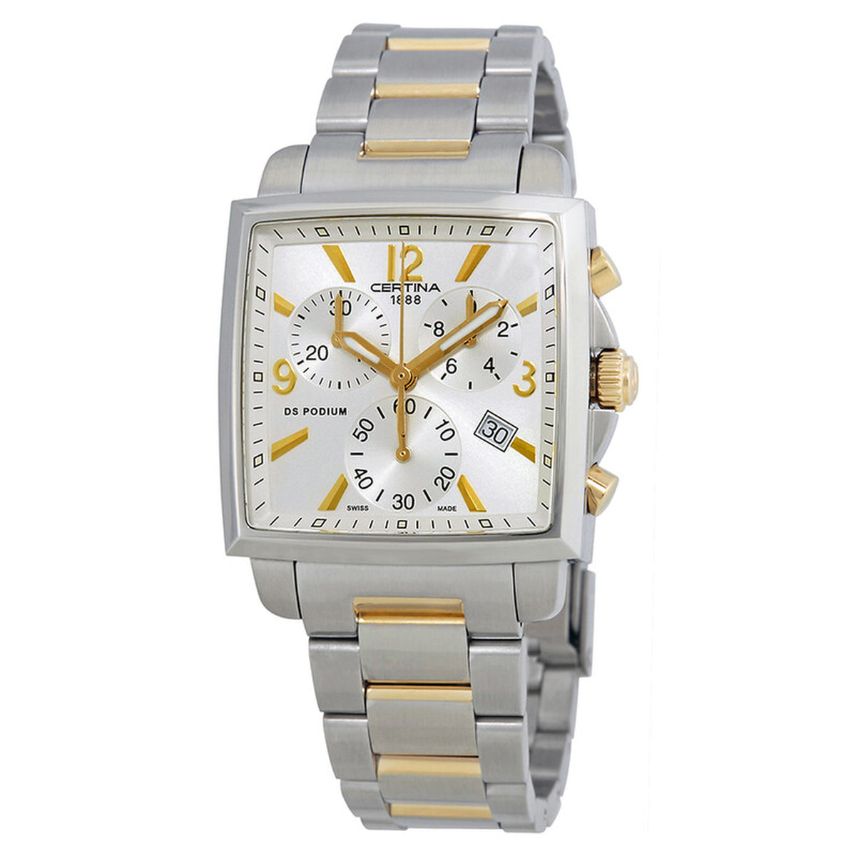 Certina DS Podium women's quartz chronograph watch with silver dial, gold markers, rectangular case, and two-tone steel bracelet