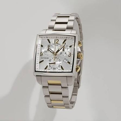 Certina DS Podium women's luxury watch with rectangular case, silver chronograph dial, and gold-tone accents on a two-tone steel bracelet