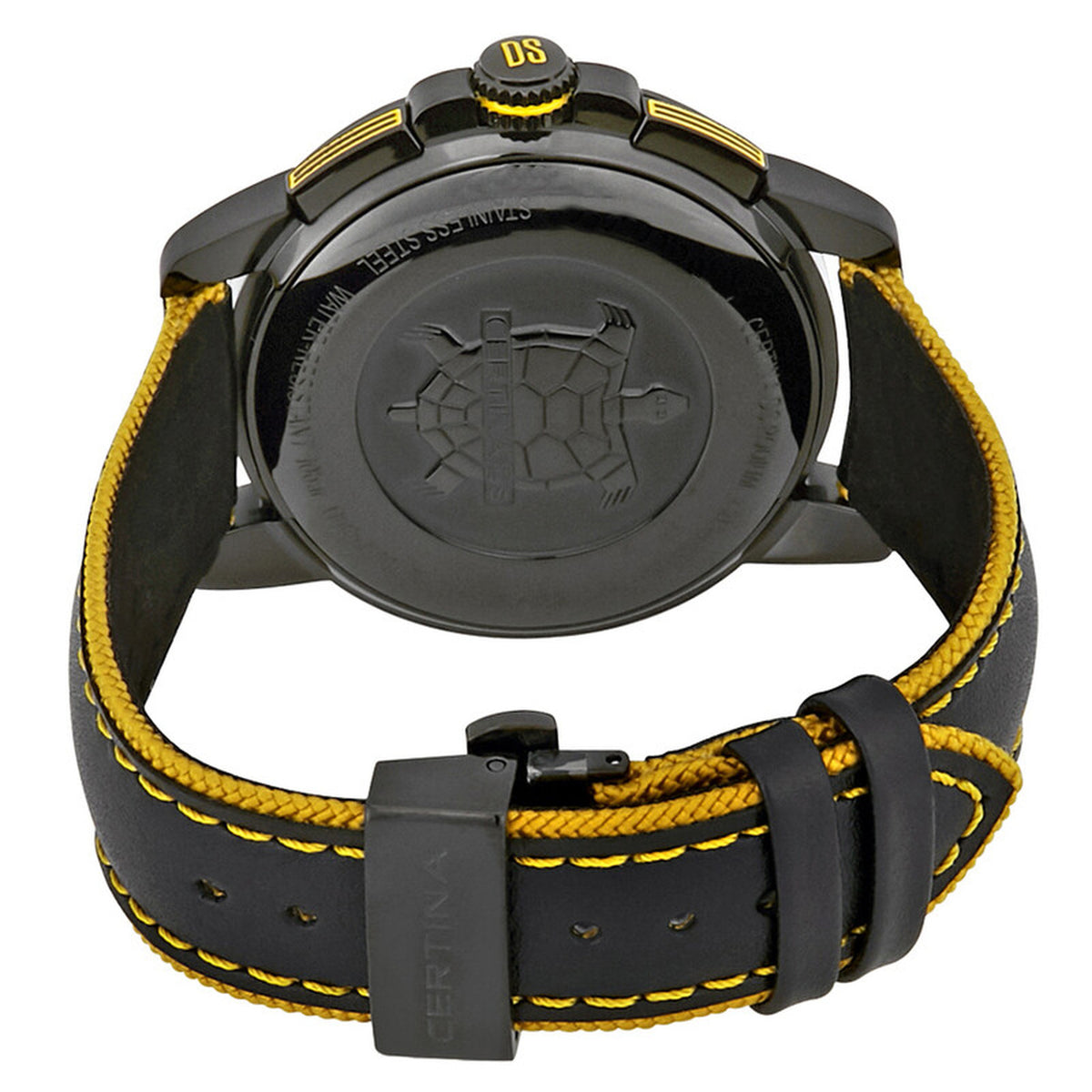Certina DS Podium watch caseback with turtle logo and black deployant clasp on yellow-accented leather strap
