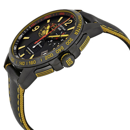 Certina DS Podium chronograph profile showcasing black PVD coated case, yellow-marked pushers, and crown with DS logo