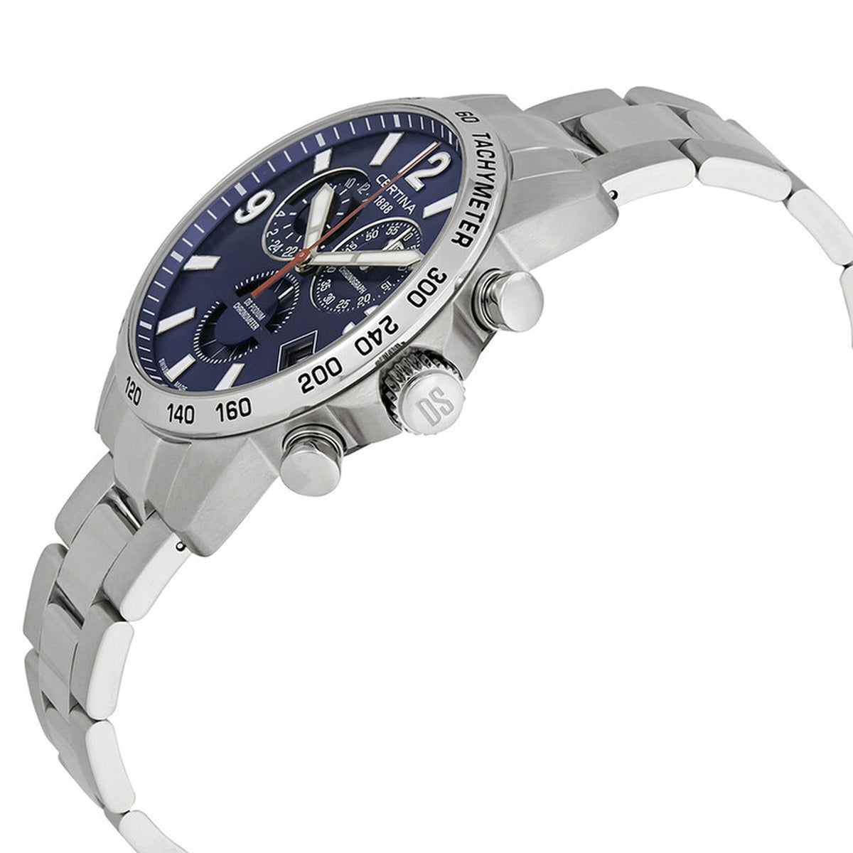 Certina DS Podium C034.654.11.047.00 with a blue chronograph dial, silver-tone tachymeter bezel, signed crown, chronograph pushers, and matching silver-tone bracelet.