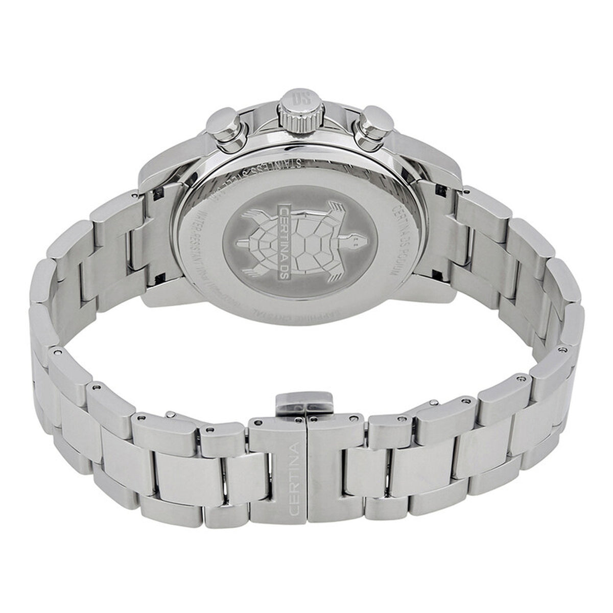 Certina DS Podium C034.654.11.047.00 with an engraved caseback, signed crown, chronograph pushers, and silver-tone bracelet with Certina-branded fold-over clasp.