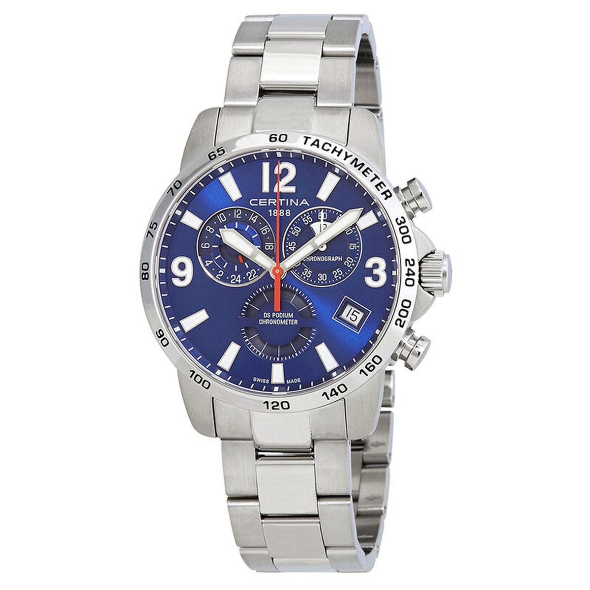 Certina DS Podium C034.654.11.047.00 with a blue chronograph dial, silver-tone tachymeter bezel, bold Arabic numerals, date window, and matching silver-tone bracelet.