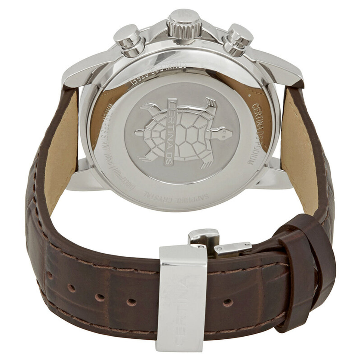 Certina DS Podium C034.654.16.037.01 stainless steel caseback featuring the turtle logo and deployed clasp on the brown leather strap