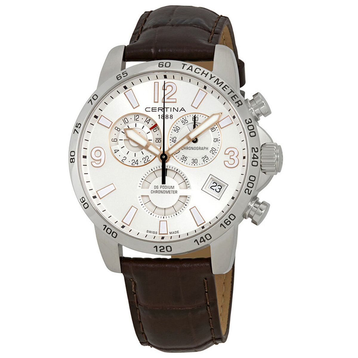 Certina DS Podium C034.654.16.037.01 quartz chronograph watch with silver dial, sub-dials, date window, and brown leather strap