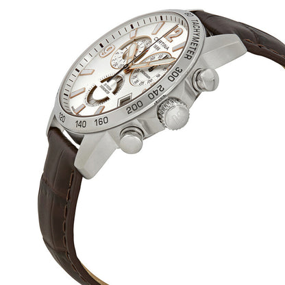 Certina DS Podium C034.654.16.037.01 angled profile showing crown, pushers, tachymeter bezel, and brown leather strap