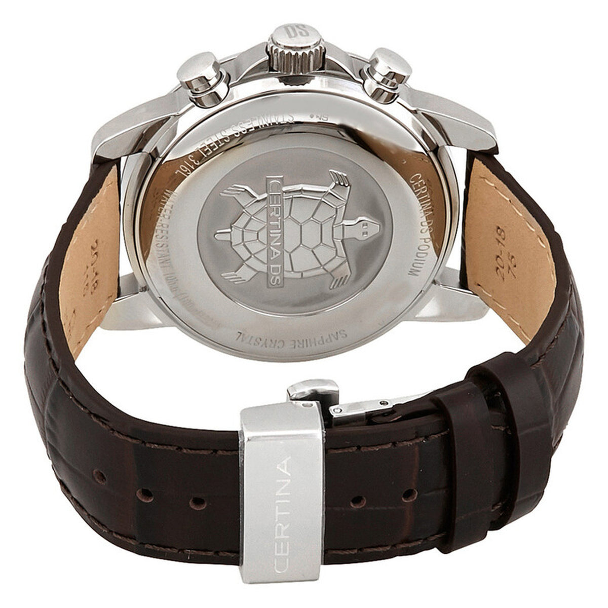 Certina DS Podium watch caseback with signature turtle engraving and brown leather strap deployant clasp