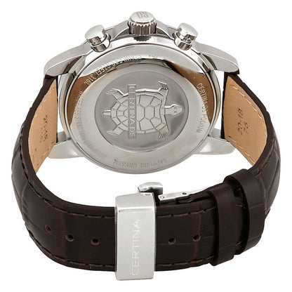 Certina DS Podium watch caseback with signature turtle engraving and brown leather strap deployant clasp
