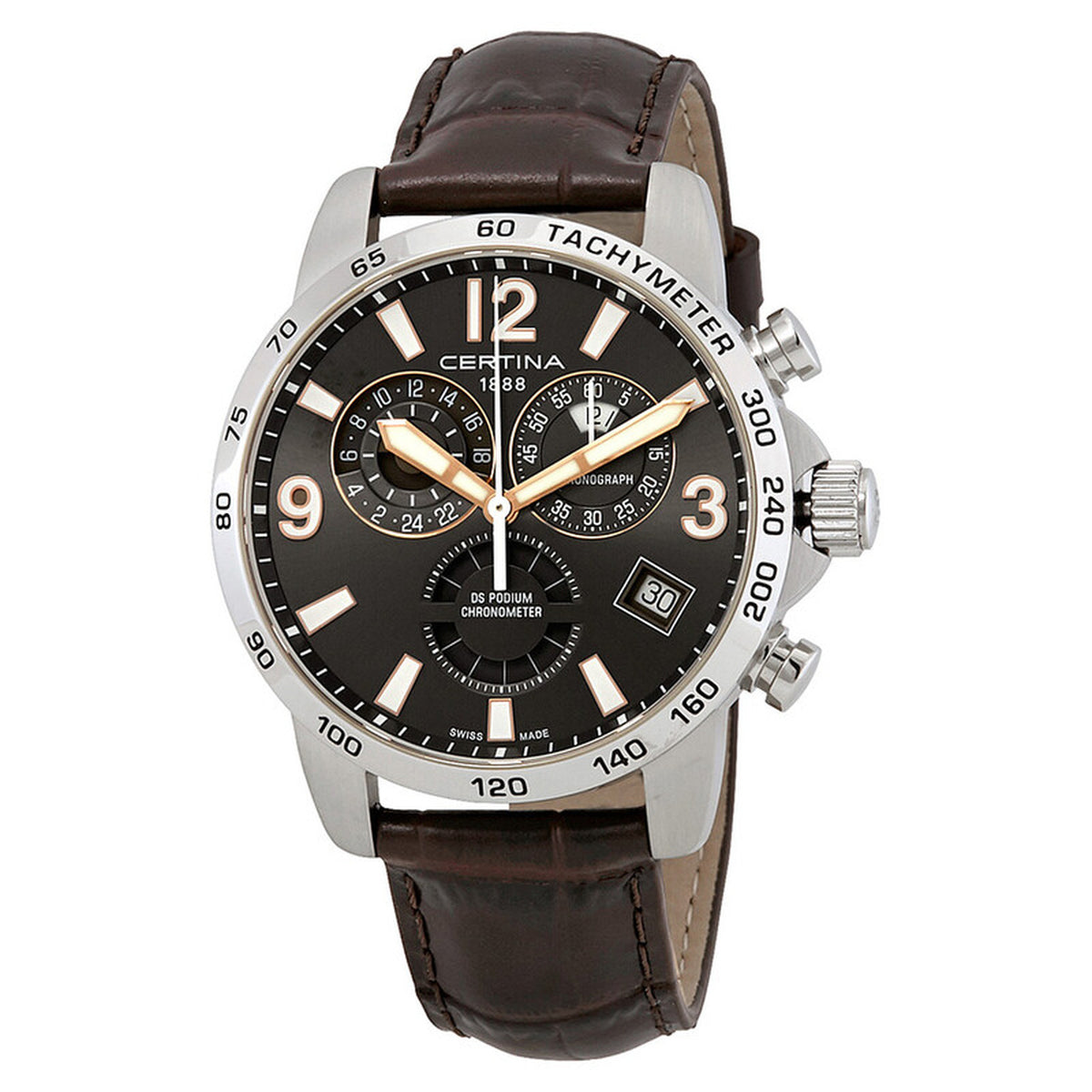 Certina DS Podium men's quartz chronograph watch with grey dial, sub-dials, and brown leather strap