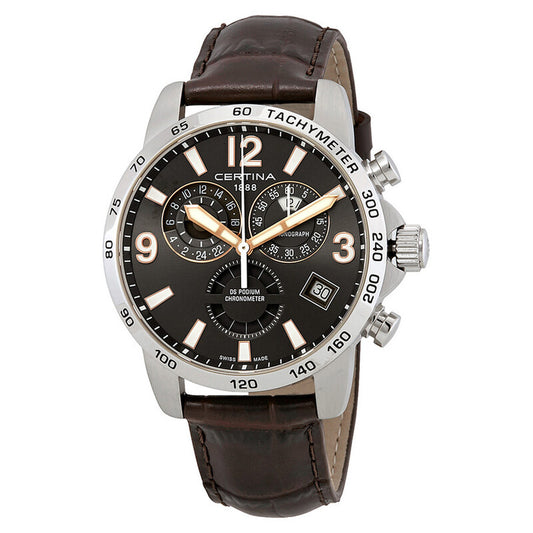 Certina DS Podium men's quartz chronograph watch with grey dial, sub-dials, and brown leather strap