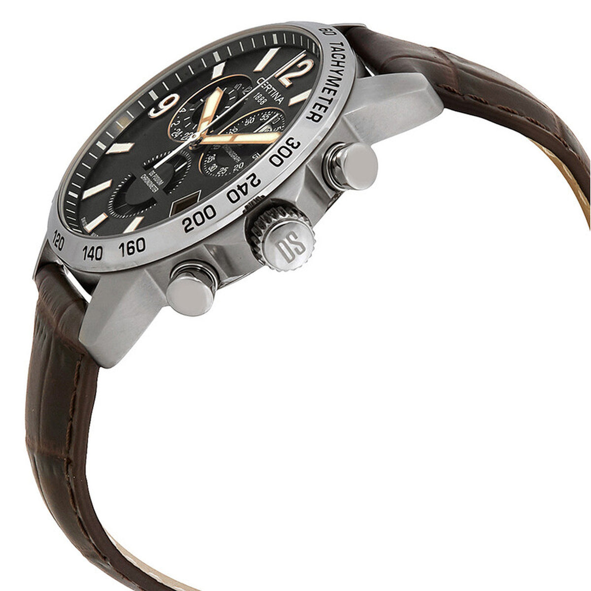 Certina DS Podium chronograph watch profile showing pushers, crown with DS logo, and tachymeter bezel